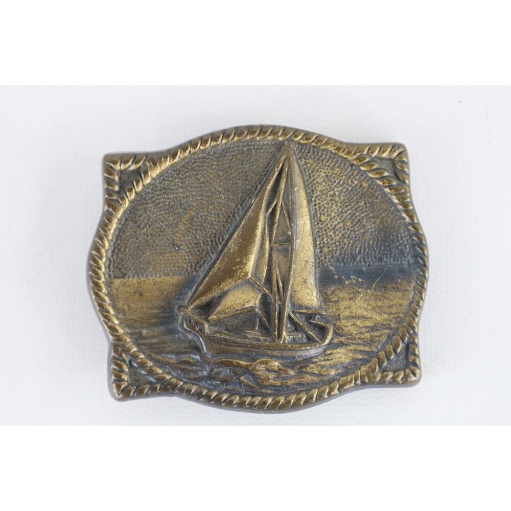 Vintage 70s Streetwear Sailboat Sailing Schooner Boat Ship Brass Belt Buckle